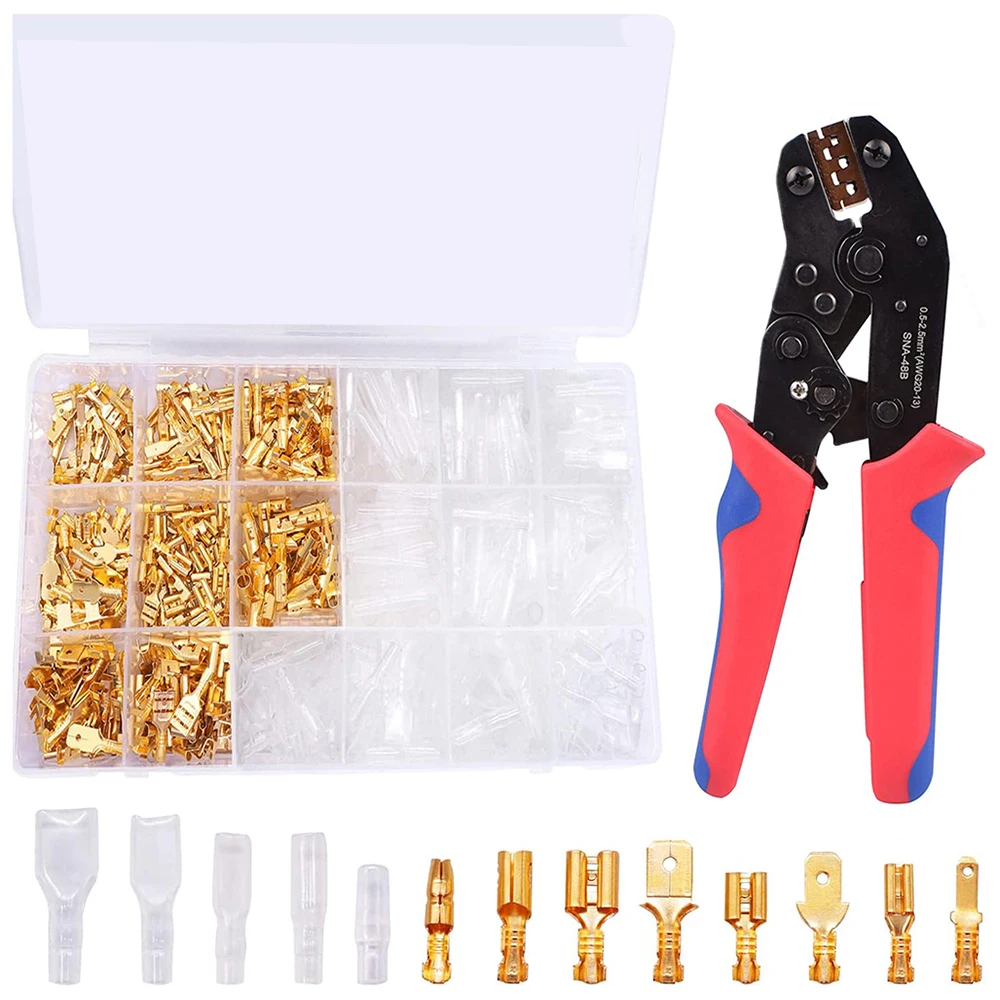 

640PCS Female/Male 2.8/3.9/4.8/6.3mm Spade Connectors Insulating Sleeves Spring Plug Butt Bullet Terminals SN-48B Crimper pliers