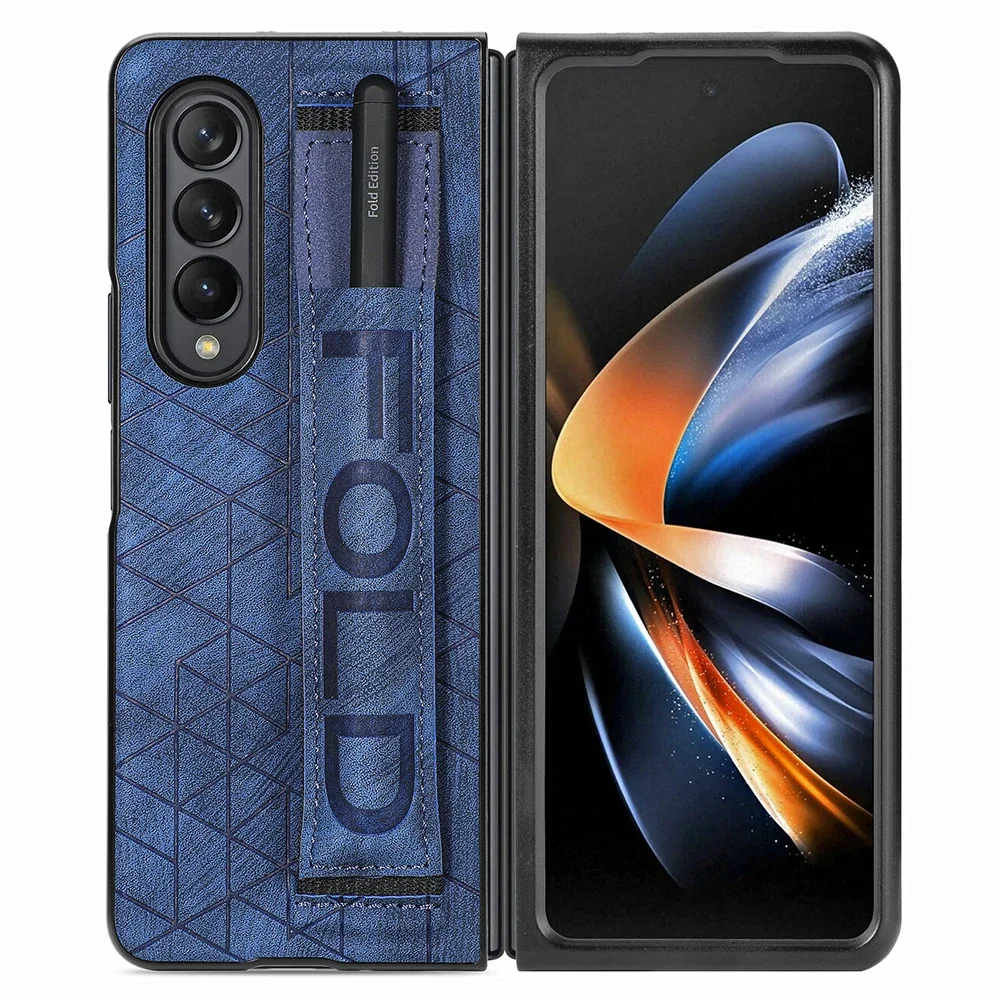 Leather Case for Samsung Galaxy Z Fold 6 5 4 3 5G Cover Stripe Geometric Soft Shockproof Hand Band SPen Slot Shell Funda Holster