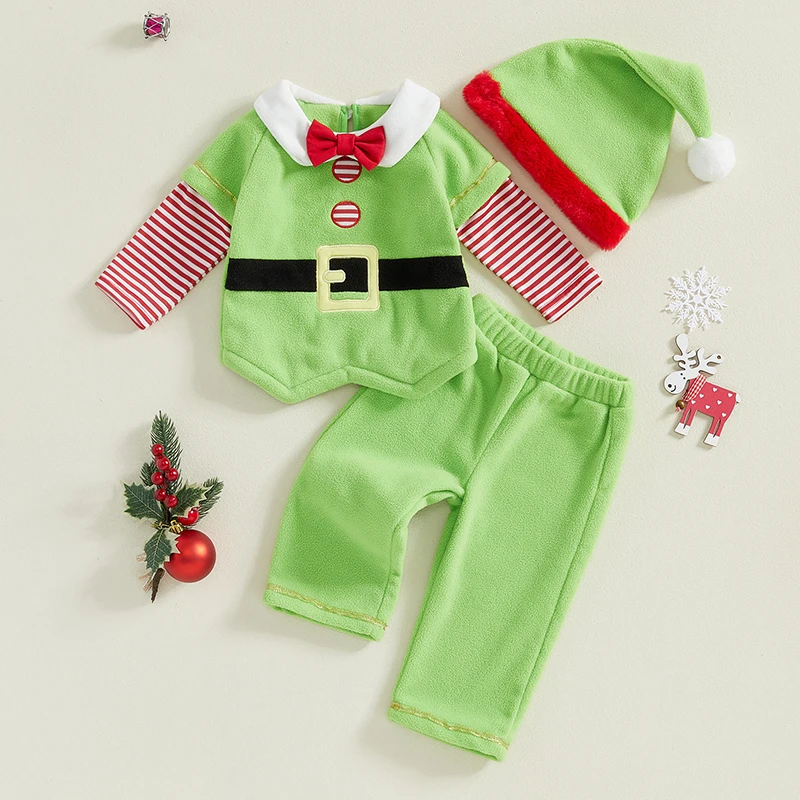 Baby Boys Girl Santa Claus Outfit Fleece Striped Doll Collar Long Sleeve Tops Elastic Waist Pants Hat Kids Christmas Clothes