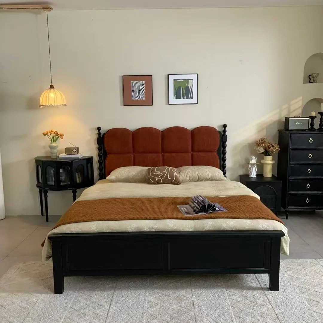 

Customizable American solid wood master bedroom large bed antique double bed light French retro carving