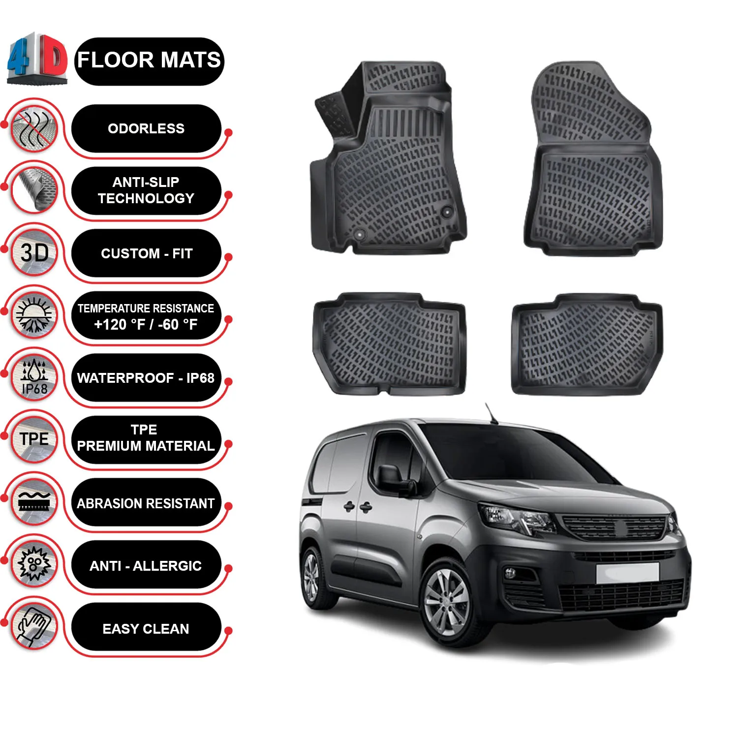 

Peugeot Partner 90 HP - (2008-2023) Floor Mats Liner Waterproof 3D - (Black)