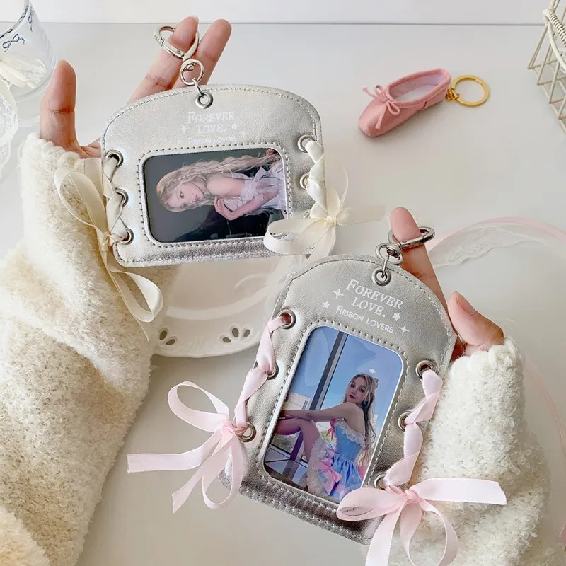 

Fashion Silver Color PU Leather Card Keychain With 3 Inch Photo Cute Ballet Design 3 Inch Idol Kpop Photo Holder For Display