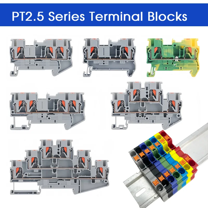 PT2.5 series 2.5mm² Push‑in DIN Rail Terminal Block Spring Up‑Down Interlinked Screwless Quick Plug‑in Electrical Wire Connector