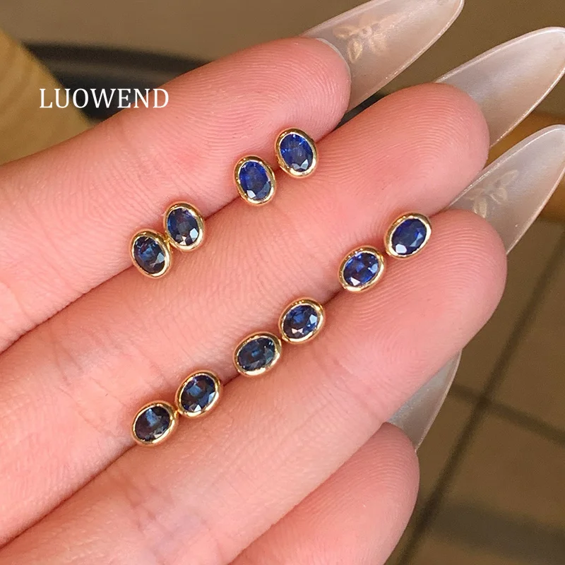 LUOWEND 100% 18K Yellow Gold Earrings Fashion INS Style Real Natural Sapphire Stud Earrings for Women High Gemstone Jewelry