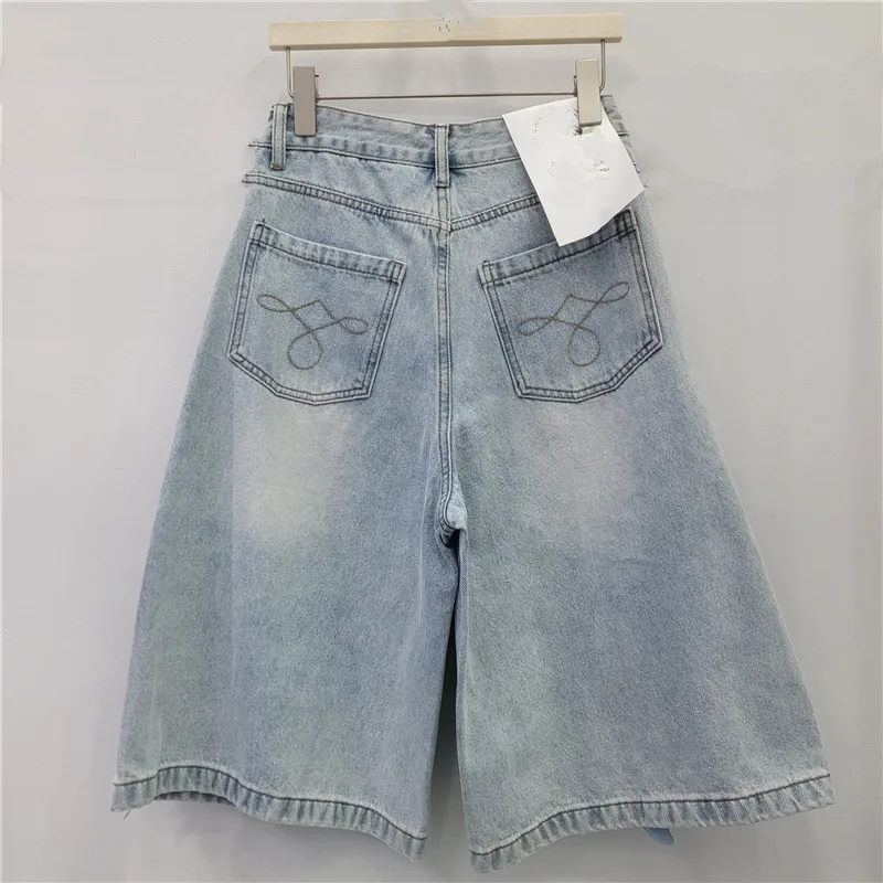 3D Floral Denim Shorts For Women 2026 Summer New High Waist Wide Leg Jeans Shorts Simple Casual Commuter Blue Hot Pants