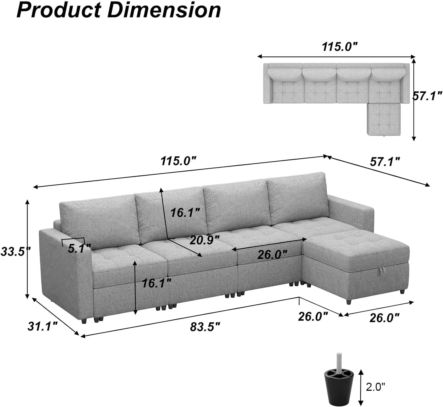 Modular Sectional Sofa Couch Modern L Shaped Sofa with Ottomans Fabric Convertible 5 Seater Sofa Sectionals Sleeper Couch