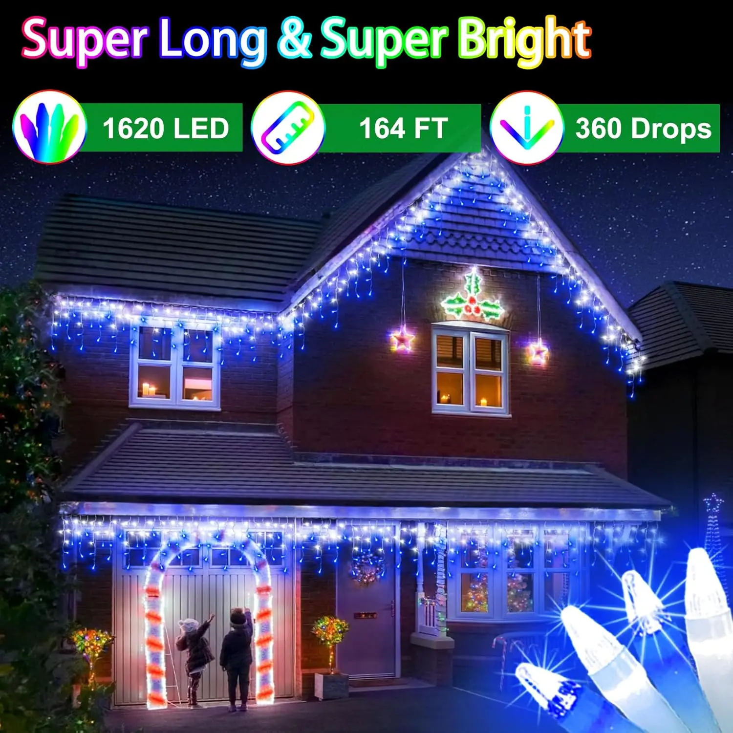 1620 LED Christma Lights with 360 Drops, Outdoor Hanging lights with 8 Modes