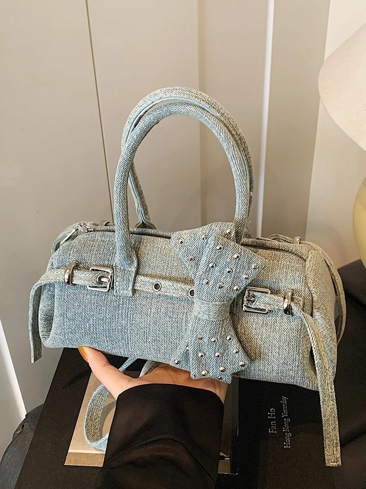 

Trendy Women Denim Handbags Chic Diamonds Bow Versatile Single Shoulder Bag Korean Style Vintage Ladies Messenger Bags