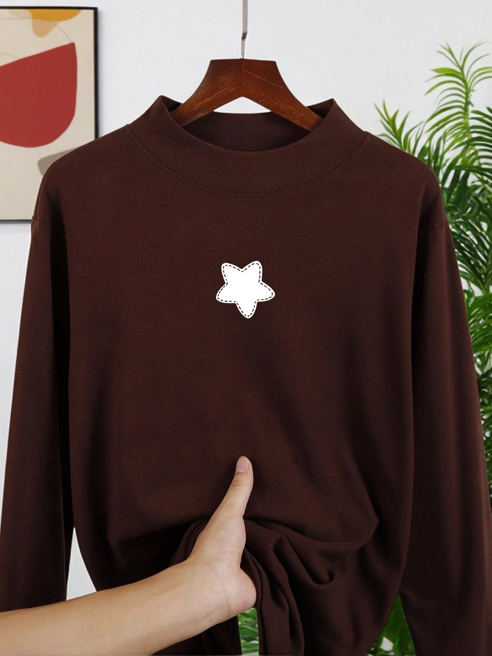 

Simple Pentagram printing T-Shirts Women Winter Fleece Tops Warm Half Turtleneck Slim Fit Bottoming Shirt Basic Womans Clothes