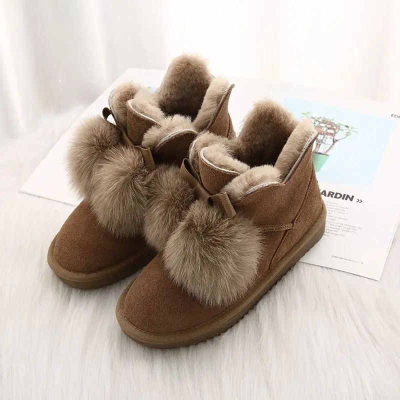 G&Zaco Women Sheep Wool Boots Genuine Leather Ball Fox Fur Snow Boots Shoes Cowskin Sheep Fur Boots Flat Warm Winter Shoes