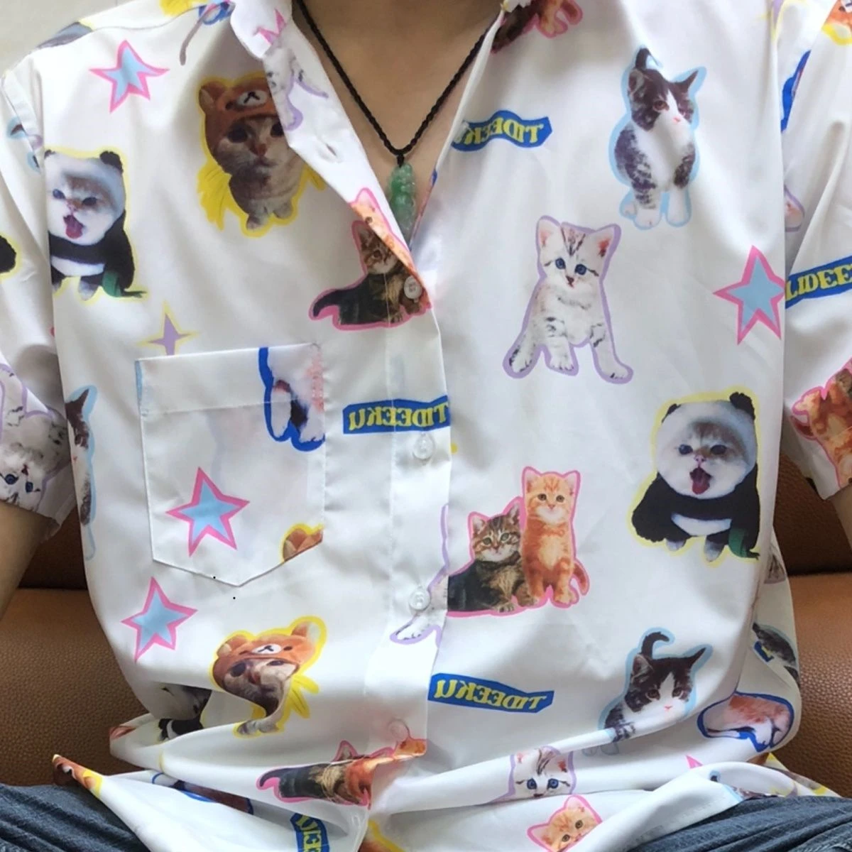 

Harajuku Y2K Style Kawaii Cat Full Print Blouses Women Cute Graphic White Short Sleeve Shirts Oversized Casual Beach Style Tops