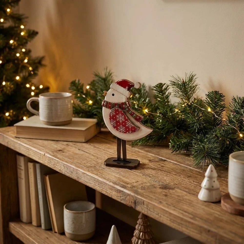 Unique Wooden Christmas Bird Statue 2D Flat Long Legs Xmas Bird Figurine Stable Base Vintage Bird Figurine Ornament Home Decor