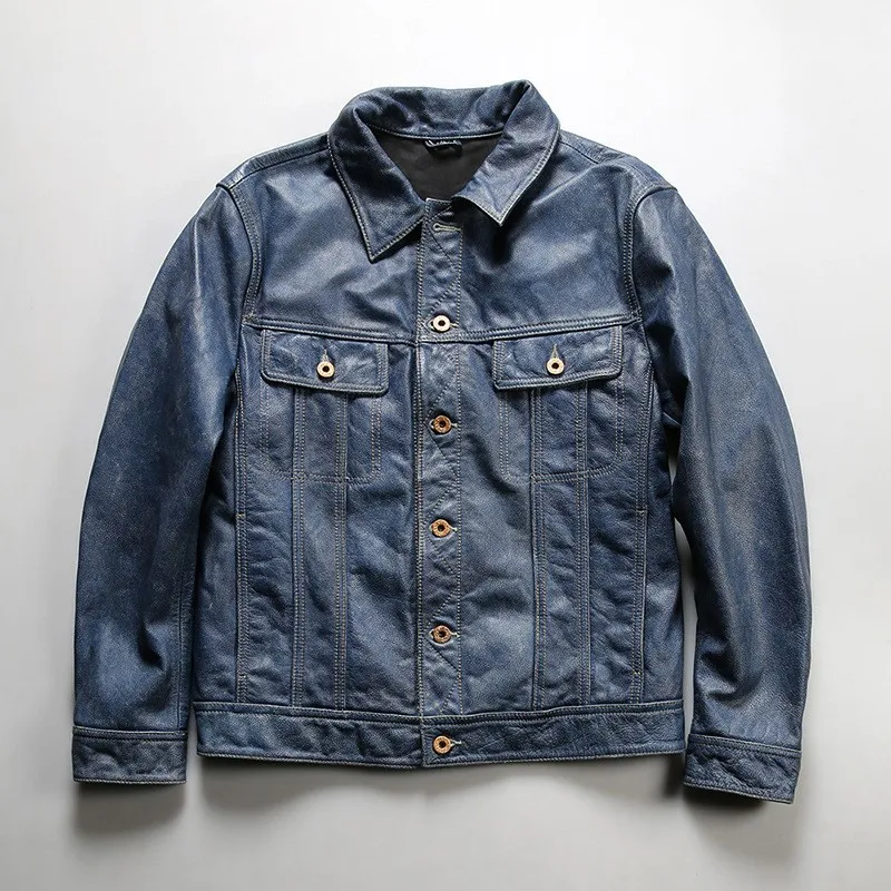 

Men's blue-dyed leather with a lapel and multiple pockets made of cowhide