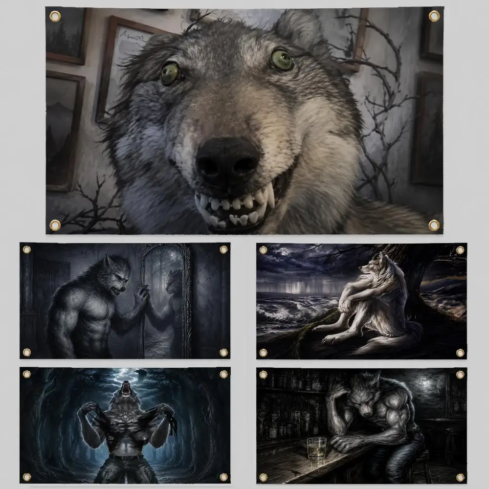 Meme Sitting Wolf Emo White Lone Wolf Flags Wall Hanging Background Flag Wall Decor Banners for Outdoor Bedroom Dorm Room Decor