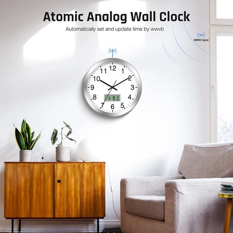 12Inch Wall Clock with Digital Date, Week, Indoor Temp - Battery Operated Wall Clock,Silver Brushed Finish, Easy to Read-A46I