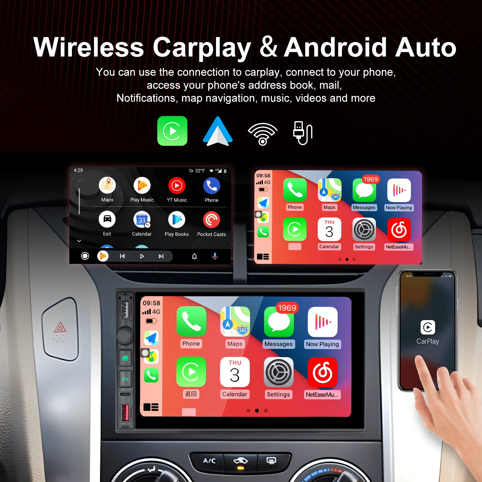 Podofo 7'' HD 1080P Car MP5 Player Carplay  FM AM Radio Receiver Suppport Rear Camera 2din Car Stereo Radio