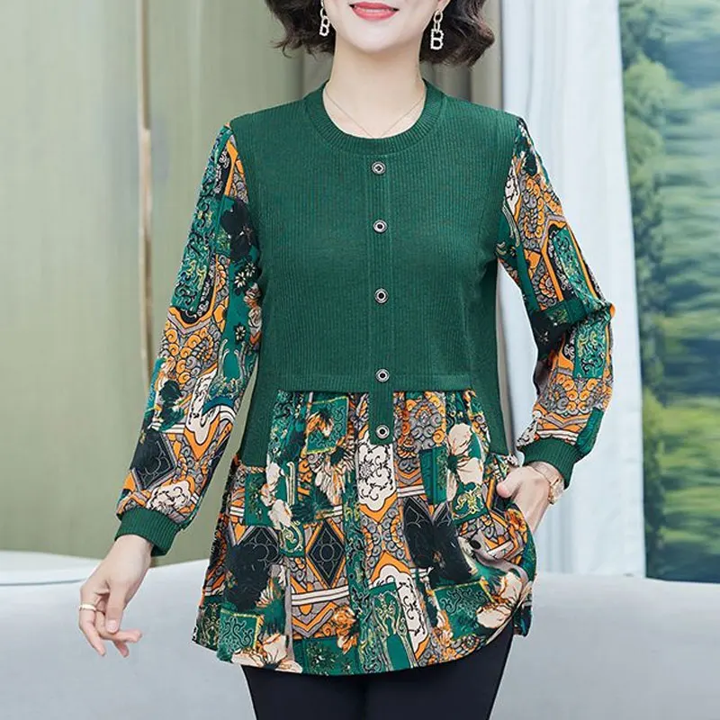 Female Clothing Vintage Printed Shirt Spring Autumn Long Sleeve Casual Patchwork Commute Stylish Round Neck Button Loose Blouse