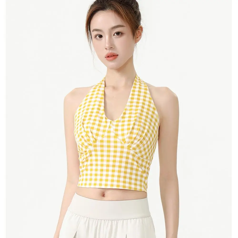 Slim Fit V Neck Plaid Halter Yoga Top Womens Quick Dry Sports Bra Cropped Gym Fitness Camisole Comfortable Workout Vest