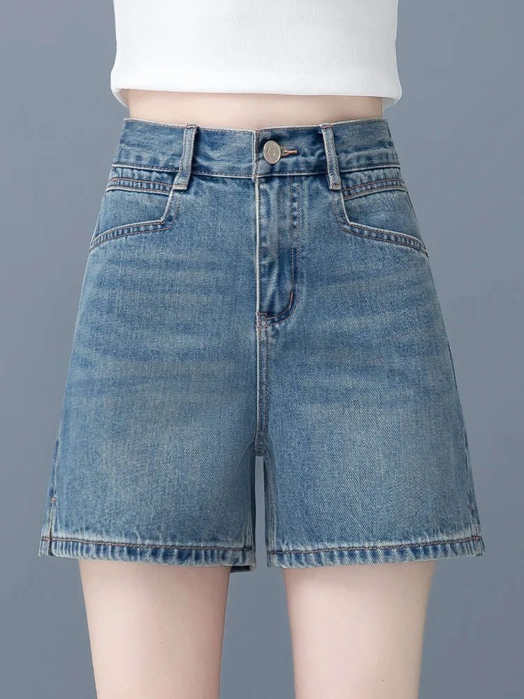 

Летние тонкие джинсовые шорты с высокой талией, утягивающие, А-силуэта, с широкими штанинами, женские, свободного прямого кроя, в корейском стиле, для повседневной носки