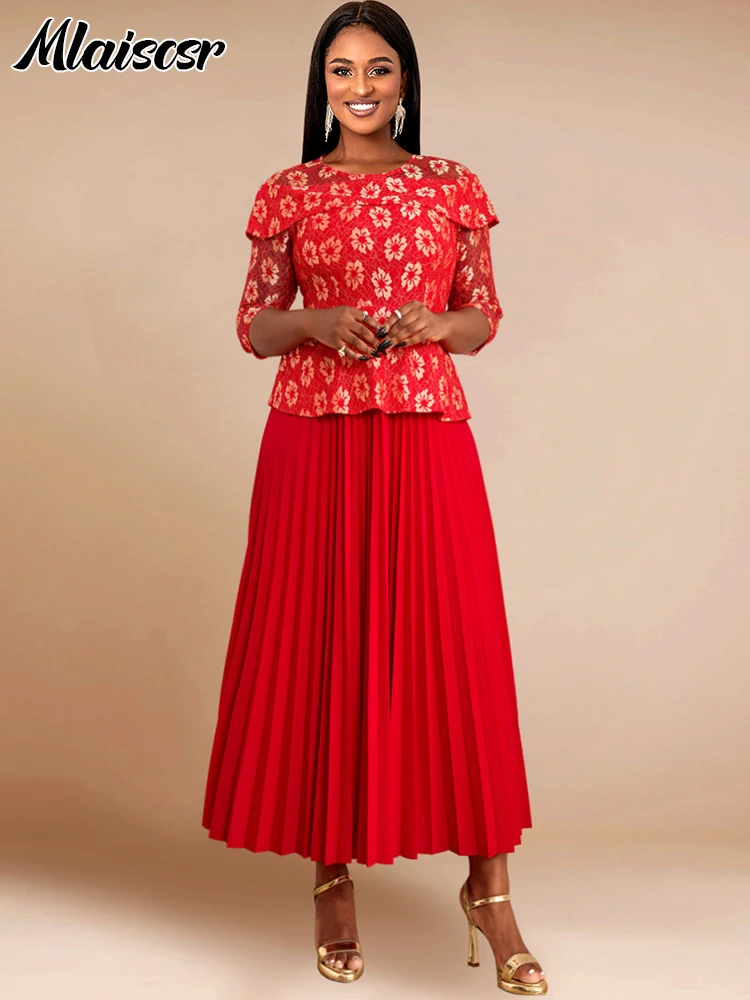 

Mlaiscsr New Red Printed Lace Patchwork Pleated A-line Mid Dress 3/4 Sleeve Elegant Birthday Wedding Guest Prom African Vestidos