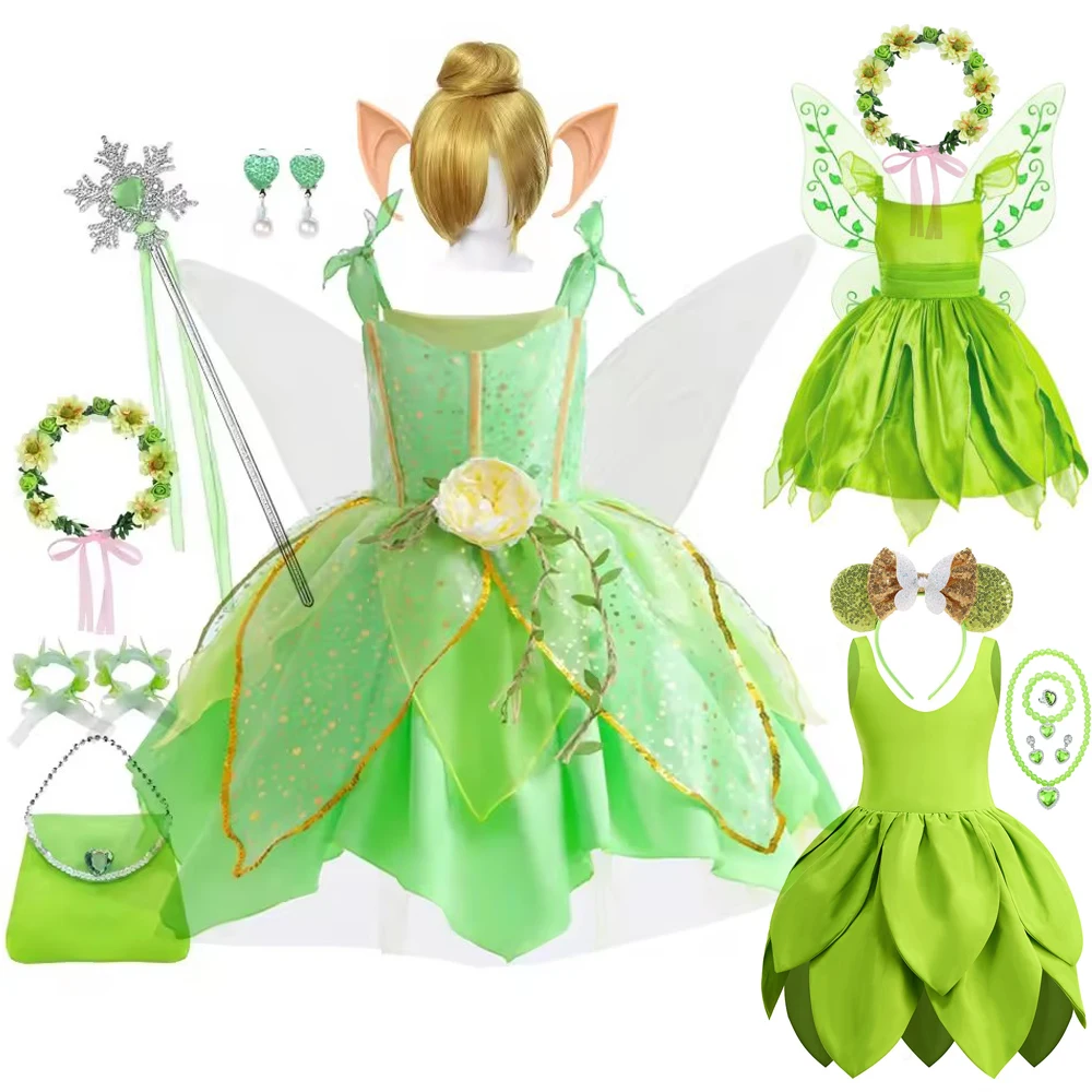Tinker Bell Dress Girls Halloween Costumes Kids Girl Green Fairy Princess Fancy Tinkerbell Dress Birthday Party