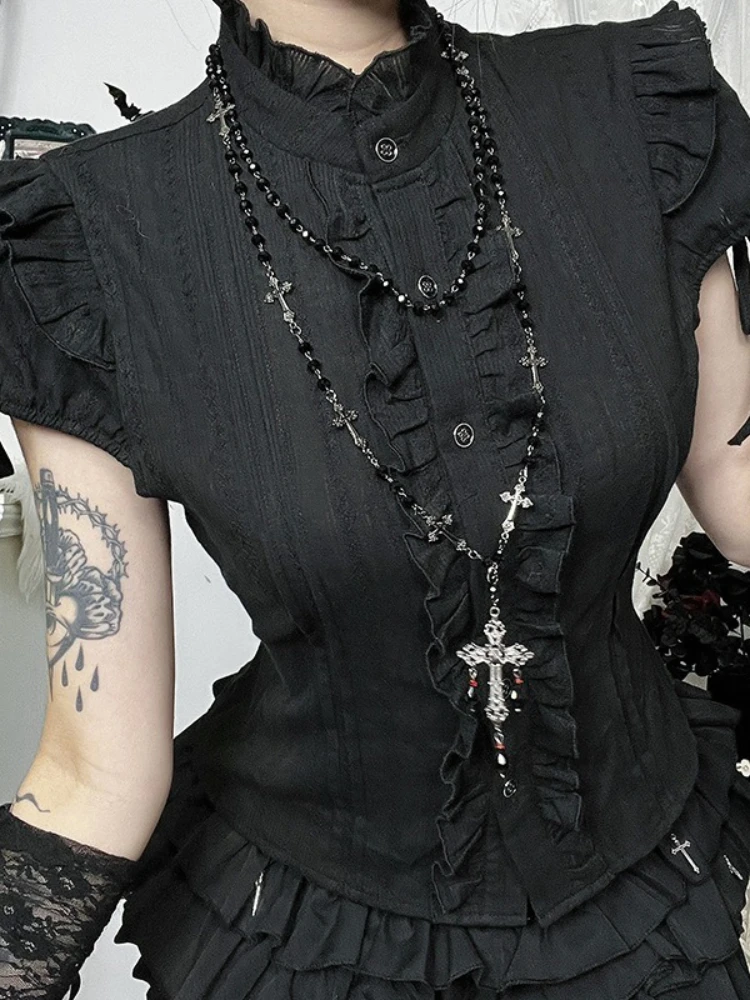 2025 Nieuwe Vintage Gothic Shirt Vrouwen Esthetische Fairycore Y2K Grunge Donkere Eetbare Boom Schimmel Patchwork Korte Mouw Blouse Vrouwelijke