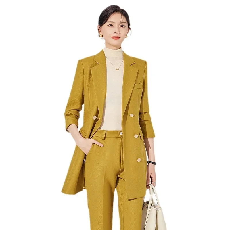 Pop New Fall Winter Women Coat Set Elegant Slim Business Office Long Blazers With Belt Pants Suit Work Wear Windbreaker