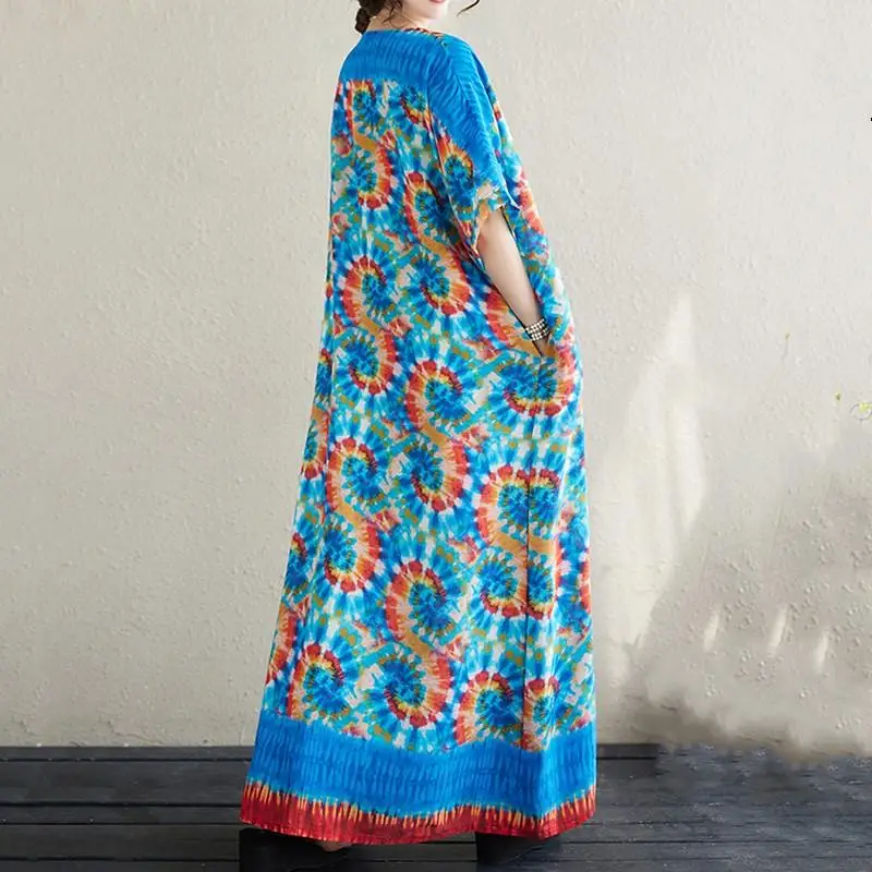 Short Sleeve Plus Size Vintage Floral Loose Midi Long Pleated Dresses Women Casual Maxi Summer Dress Ladies Boho Vestidos Beach