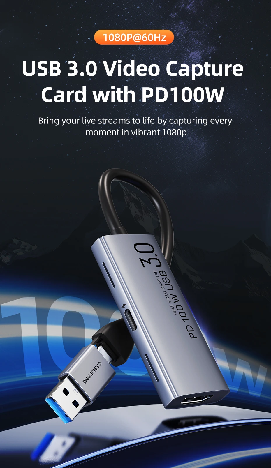 CABLETIME USB 3.0 Videoaufnahmekarte PD 100 W HDMI Capture 5 Gbit/s 4K 1080p Full HD für PS5 Srteaming Switch Videorecorder – Detail 1