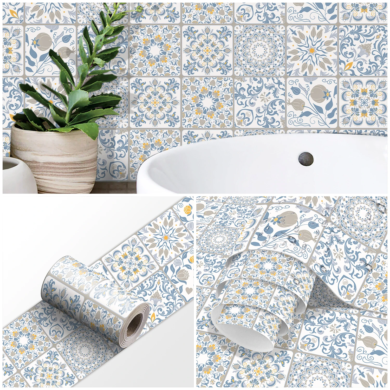 Blue& White & Yellow Tiles Wall Sticker Bathroom Kitchen Backsplash Decorative Waistline Skirting Strip Peel & Stick Wall Decals