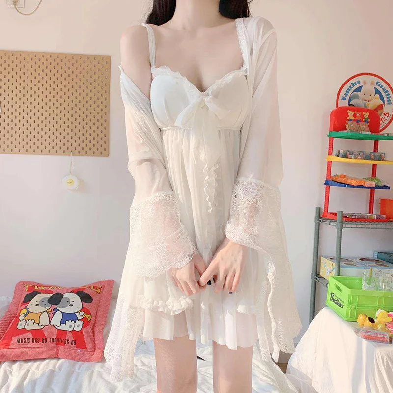 Robe Gown Sets Women Bow White Long Sleeve Sweet Sexy Girls Princess Solid Color Lace Mesh Fairy Spaghetti Strap Elegant Stylish