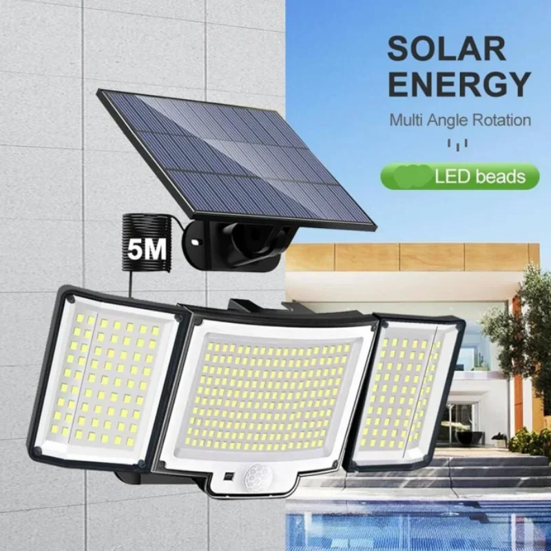 Solar Outdoor Lights 346 LED Security Lights with Remote Control,3 Heads Motion Sensor Lights, IP65 Waterproof Flood Wall Lights