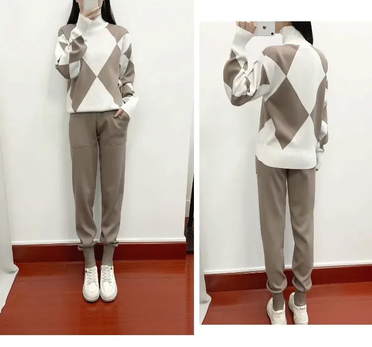 Korean Casual Knit 2-piece Pant Sets Women Set Mock Neck diamond checkered long sleeve Pullover+Harlan pant Suit pockets Lace up