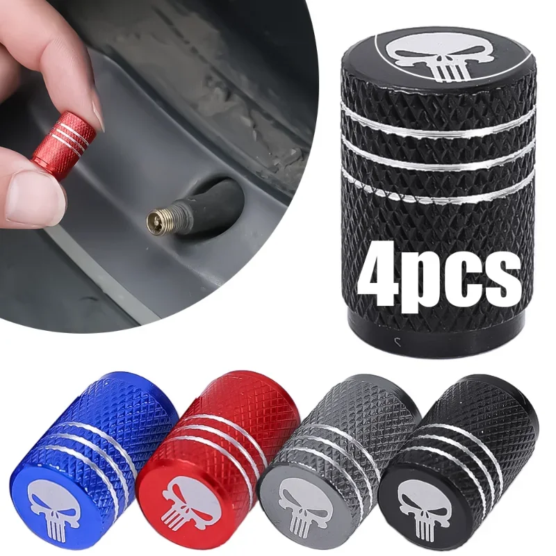 New 4pcs Creative Skull Head Logo Car Tire Valve Caps - Aluminum Alloy Valve Core Cover with Sealant Pad Accessories Tools