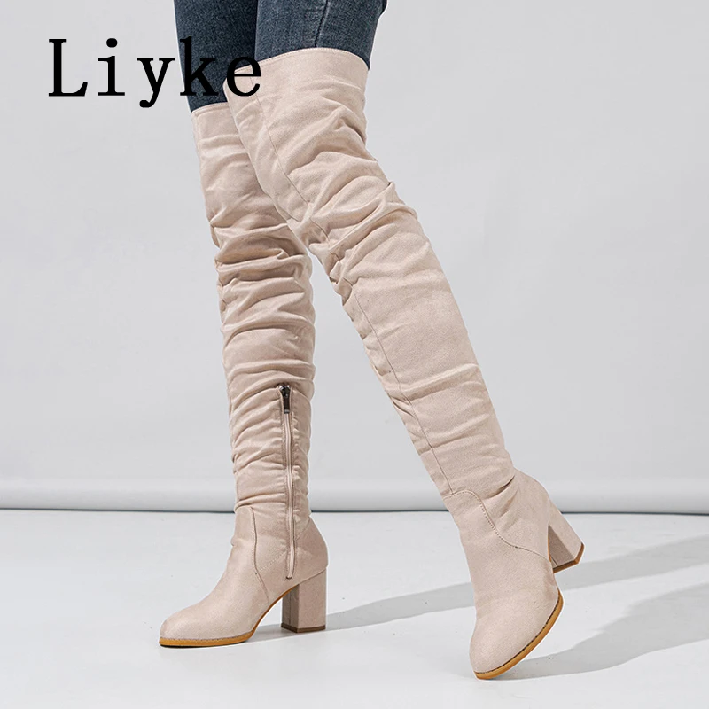 Liyke 2024 New Fashion Round Toe Zip Thigh High Boots Women Autumn Winter Chunky Heels Motorcycle Over The Knee Shoe Botas Mujer