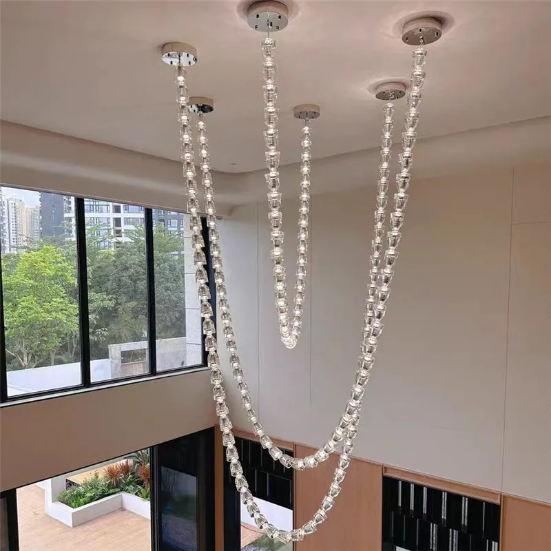 Art Crystal Necklace pendant lamp staircases linear High Suspension Lamps For Living Room Hotel Villa Lobby long Beaded Lamp