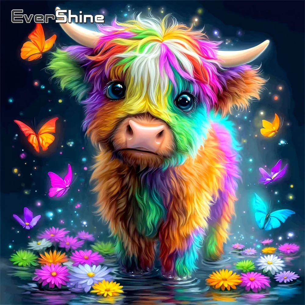 

Алмазная вышивка EverShine: Картина с коровой и бабочками, полная квадратная вышивка стразами, мозаика, декор для дома