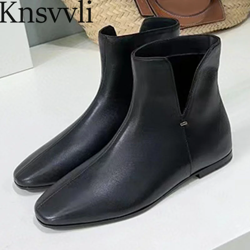 

New Genuine Leather Ankle Boots Women Runway Shoes Round Toe Slip-on Short Boots Female Fashion Comfort Flat Boots Woman