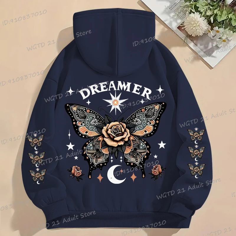 Fleece Women's Butterfly Print Butterfly Print Hoodies Long Sleeve Casual Pocket Hooded Vintage Butterfly Rose Fall Winter Hoody