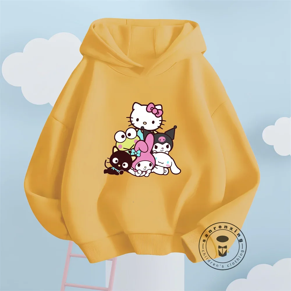 Cheerful Hello Kitty Fashion Hoodies Featuring Solid Colors Vibrant Kawaii Graphics Sanrio Autumn and Winter Tops for Children