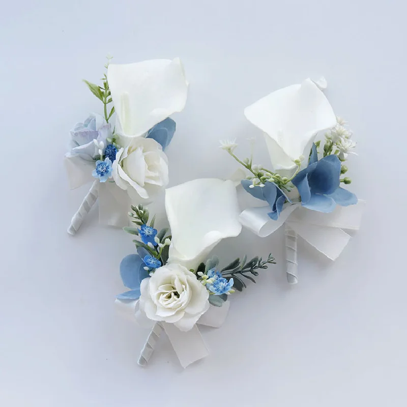 Corsage boutonniere pulso para banquete de casamento, Family Guest simulação flor, branco e azul, 2406