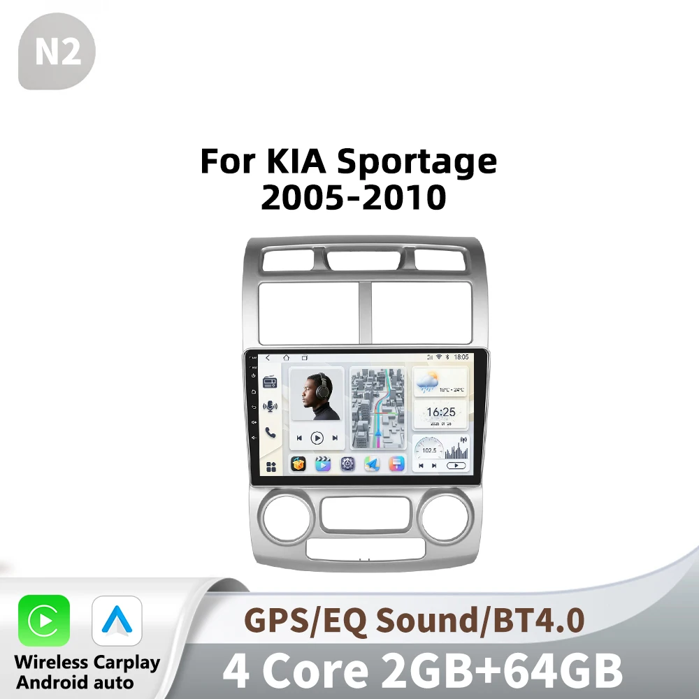 Podofo Draadloze CarPlay Android Autoradio Multimidia Video Player Navigatie GPS Voor KIA Sportage 2005-2010 2din WIFI Head Unit