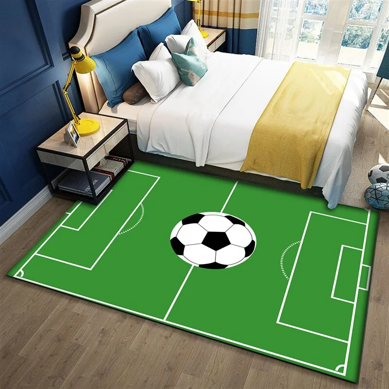 VIKAMA Kids Soccer Field Floor Mat Green Football Pitch Pattern Anti Slip Washable Boy Bedroom Play Area Decor Carpet