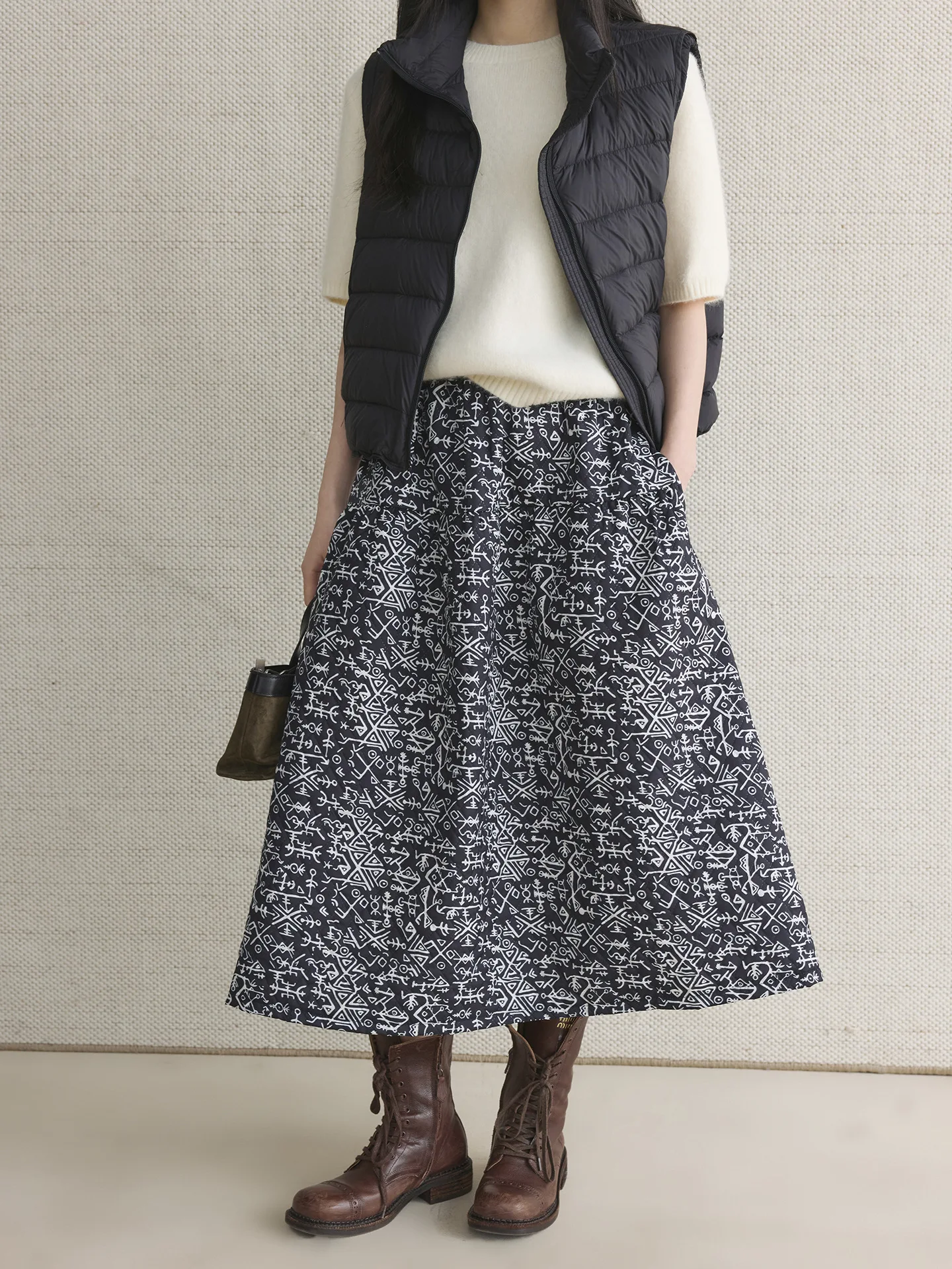겨울 패션 레트로 물고기뼈 기하학 패턴 A라인 스커트, 편안하고 캐주얼한 여성용 롱 스커트