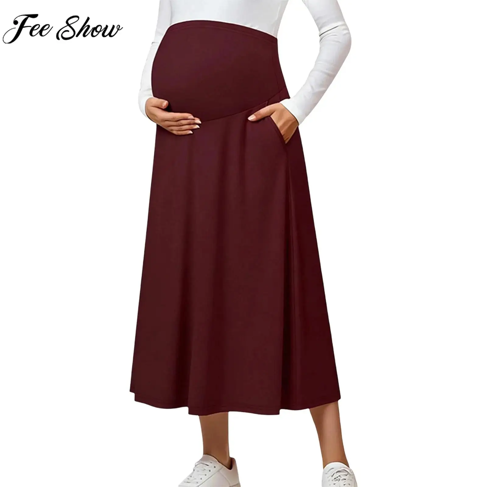 

Юбка макси для беременных с высокой талией, захватывающая живот, с эластичным поясом, для повседневной носки, работы в офисе, вечеринок и фотосессий