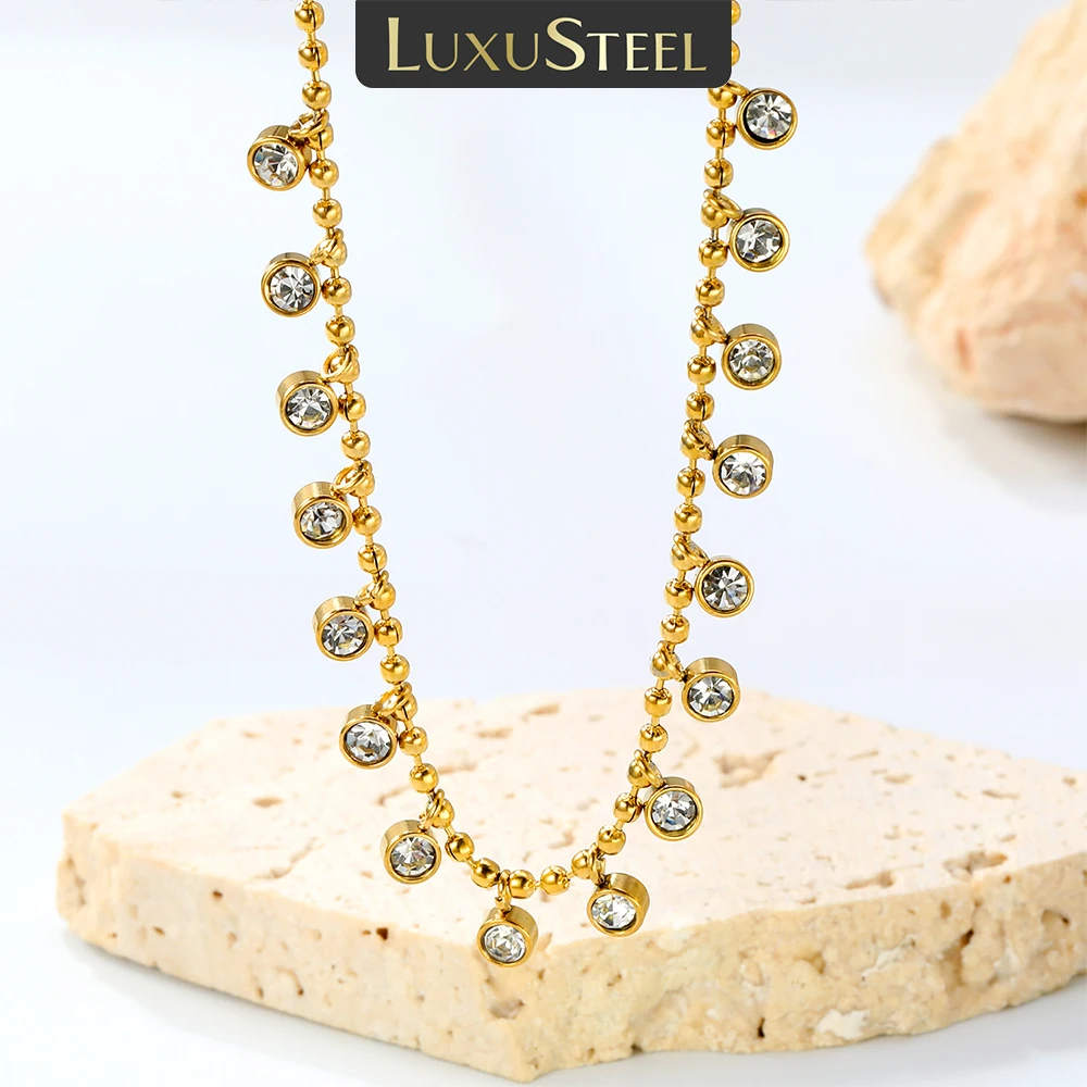 

LUXUSTEEL Luxury Round Cubic Zirconia Pendant Necklace For Women Girl Stainless Steel Female Necklace Chain Crystal Jewelry Gift