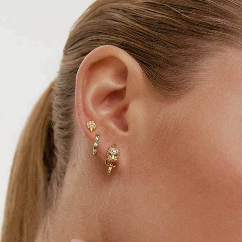925 Sterling Silver Needle Leopard Head Crystal Hoop Earrings For Women Punk Rivet Green Eye Earrings Fashion Jewelry Gifts