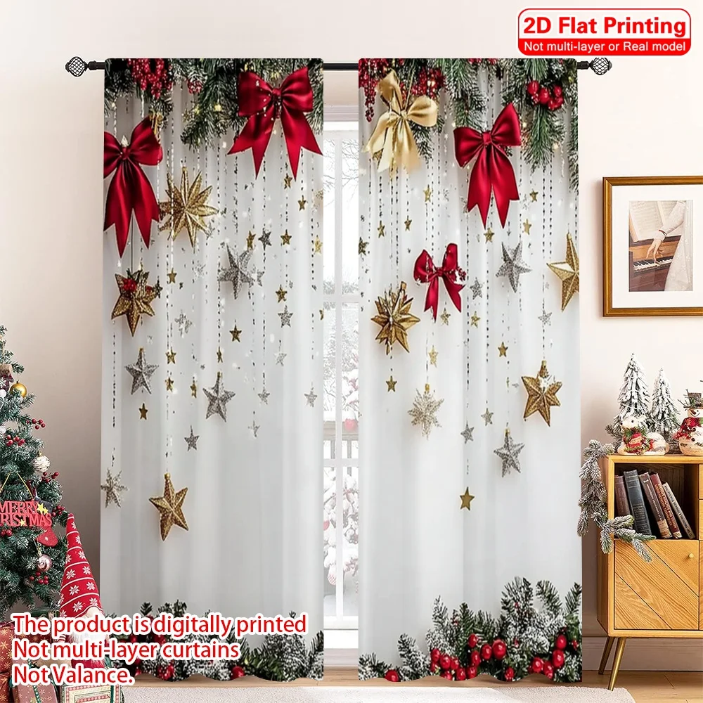 

2D flat printing 2pcs Christmas Party Curtain Christmas pine branch Versatile Polyester Without Electricity Party Decorations