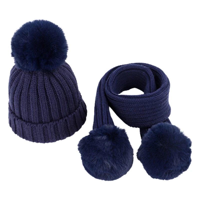 2pcs Children Knitted Beanie Hat Scarf Set Infant Baby Fake Ball Pom Pom Warm Winter Thick