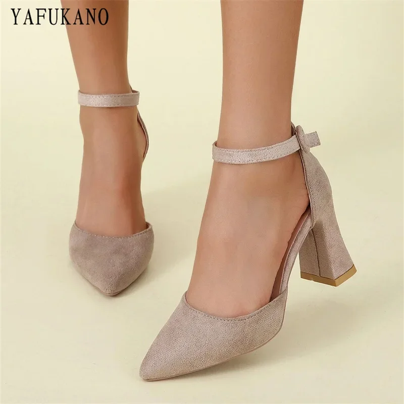 Simple Fashion Mid Hollow Single Shoes Summer Pointed Toe Chunky Heeled Ankle Strap Sandals Solid Flock Casual Pumps High Heels